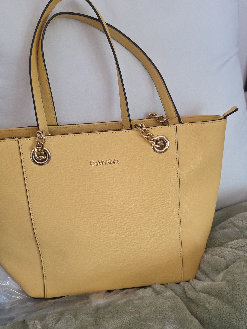 Calvin Klein Lemon Yellow Tote with Gold Chain Handles